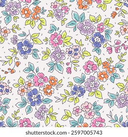 Vector seamless pattern. Cute pattern in small flowers. Small bright colorful flowers. White background. Ditsy floral background. Trendy template for fashion prints. Stock vector.
