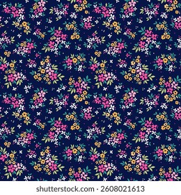 Vector seamless pattern. Cute pattern in small flowers. Small bright colorful flowers. Blue background. Ditsy floral background. Trendy template for fashion prints. Stock vector.