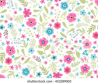 Vector seamless pattern. Cute pattern in small flower. Small pink and blue flowers. White background. Ditsy floral background. The elegant the template for fashion prints.