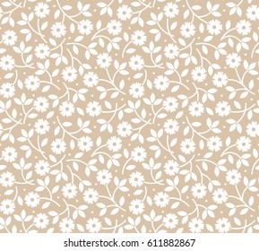 Vector seamless pattern. Cute pattern of small white flowers on beige background. Ditsy floral background. Elegant template for fashion prints.