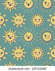 Vector seamless pattern with cute smiling sun faces. Endless background for child design