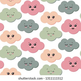 Vector seamless pattern with cute smiling colorful clouds. Beautiful endless background for kids design