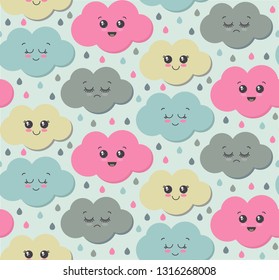 Vector seamless pattern with cute smiling colorful clouds. Beautiful endless background for kids design