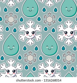 Vector seamless pattern with cute smiling snowflake, rain drop faces. Endless background for child design