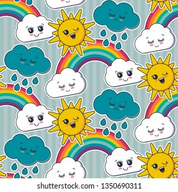 Vector seamless pattern with cute smiling sun, rainbow, cloud faces. Endless background for child design