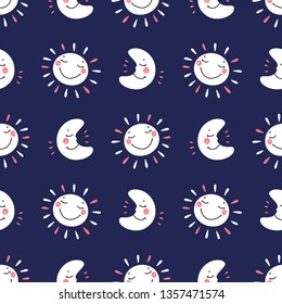 Vector Seamless Pattern with Cute Smiling Sleeping Moon and Sun Icons. Background for Kids Fashion, Nursery, Baby Shower Scandinavian Design. 