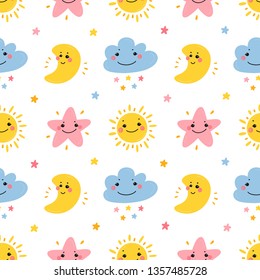 Vector Seamless Pattern with Cute Smiling Moon, Cloud, Star and Sun Kawaii Icons. Sky Background for Kids Fashion, Nursery, Baby Shower Scandinavian Design. 