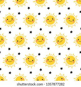 Vector Seamless Pattern with Cute Smiling Sun Kawaii Icons. Sky Background for Kids Fashion, Nursery, Baby Shower Scandinavian Design. 
