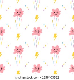 Vector Seamless Pattern with Cute Smiling Clouds with Rain Drops, Thunder and Lightning Icons. Sky Background for Kids Fashion, Nursery, Baby Shower Scandinavian Design