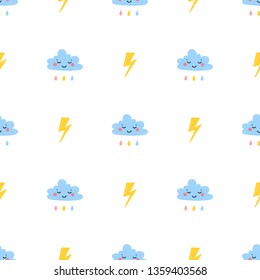 Vector Seamless Pattern with Cute Smiling Clouds with Rain Drops, Thunder and Lightning Icons. Sky Background for Kids Fashion, Nursery, Baby Shower Scandinavian Design