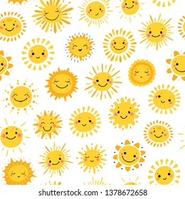 Vector Seamless Pattern with Cute Smiling Sun Kawaii Icons. Sky Background for Kids Fashion, Nursery, Baby Shower Scandinavian Design