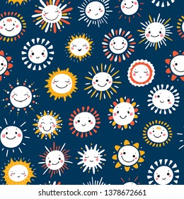 Vector Seamless Pattern with Cute Smiling Sun Kawaii Icons. Sky Background for Kids Fashion, Nursery, Baby Shower Scandinavian Design