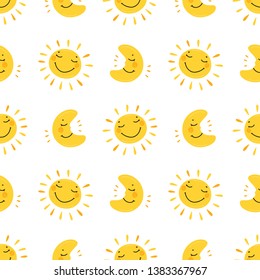 Vector Seamless Pattern with Cute Smiling Sleeping Moon and Sun Icons. Background for Kids Fashion, Nursery, Baby Shower Scandinavian Design. 
