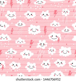 Vector Seamless Pattern with Cute Smiling Clouds with Rain Drops, Thunder and Lightning Icons. Sky Striped Pink Background for Kids Fashion, Nursery, Baby Shower Scandinavian Design.