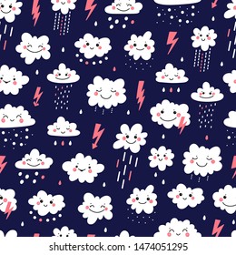 Vector Seamless Pattern with Cute Smiling Clouds with Rain Drops, Thunder and Lightning Icons. Sky Background for Kids Fashion, Nursery, Baby Shower Scandinavian Design