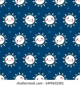 Vector Seamless Pattern with Cute Smiling Sun and Stars. Sky Blue Background for Kids Fashion, Nursery, Baby Shower Scandinavian Design