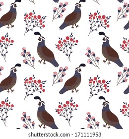 Vector seamless pattern with cute smiling quails and floral elements on the white background