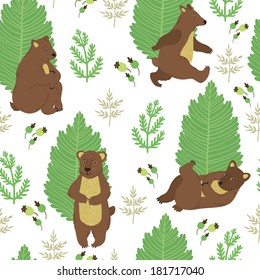 Vector seamless pattern with cute smiling bears, trees and floral elements. Hand drawing forest background