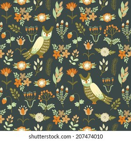 Vector seamless pattern with cute smiling owl and floral elements. Seamless dark background with cartoon character and flowers. Vintage backdrop.