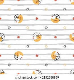 Vector Seamless Pattern with Cute Smiling Sleeping Moon in a Nightcap with Stars. Night Sky Striped Background for Kids Fashion, Nursery. Great for Baby Pajamas or Bedding