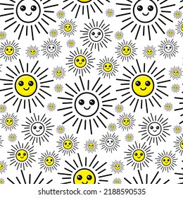 Vector Seamless Pattern with Cute Smiling Sun Kawaii Icons. Sky Background for Kids Fashion, Nursery, Baby Shower Scandinavian Design