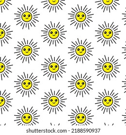 Vector Seamless Pattern with Cute Smiling Sun Kawaii Icons. Sky Background for Kids Fashion, Nursery, Baby Shower Scandinavian Design