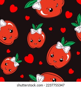 Vector seamless pattern with cute smiling red apple fruits on dark background. Cute children pattern.