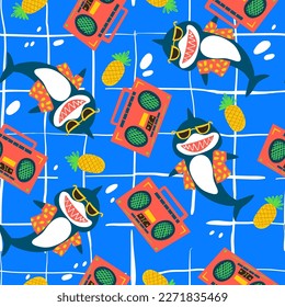 Vector seamless pattern with cute smiling sharks in Hawaiian shirts with pineapples and boombox. Cartoon style drawn design for kids fashion, swimwear print.