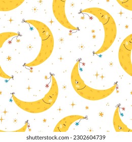 Vector Seamless Pattern with Cute Smiling Moon with Stars. Night Sky Background for Kids Fashion, Nursery, Baby Shower. Great for Baby Pajamas or Bedding.