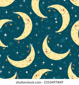 Vector Seamless Pattern with Cute Smiling Moon with Stars. Night Sky Background for Kids Fashion, Nursery, Baby Shower. Great for Baby Pajamas or Bedding.  
