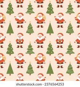 Vector seamless pattern with cute smiling Santa Claus characters and Christmas trees. Funny characters in red hat and spruce trees with decorations. Christmas and New Year background. 