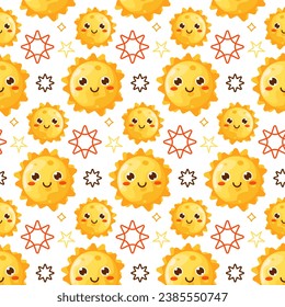 Vector Seamless Pattern with Cute Smiling Sun Kawaii Icons. Sky Background for Kids Fashion, Nursery, Baby Shower Scandinavian Design