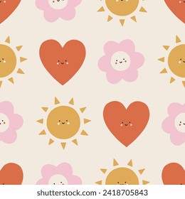 Vector seamless pattern with cute smiling sun, flower and heart. Cute childish endless pattern for holiday design, Valentines day, fabric. Lovely kids background in flat cartoon style