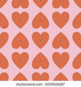 Vector seamless pattern with cute smiling hearts. Lovely romantic endless background for Valentine’s day, holiday design, nursery, fabric. Hand drawn kids pattern with red hearts. Flat illustration