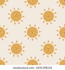 Vector seamless pattern with cute smiling sun. Lovely cartoon endless background with happy sun for nursery, Valentines designs, romantic holidays, fabrics, wallpaper. Flat vector illustration