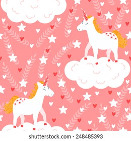 Vector seamless pattern with cute smiling unicorns, clouds, stars, hearts and branches. Bright childish background. Hand drawing texture with funny cartoon character.