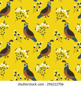 Vector seamless pattern with cute smiling quails and floral elements on the yellow background. Bright repeating texture with birds. Forest background with plants and cartoon character.