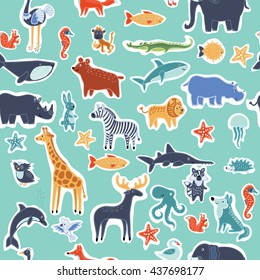 Vector seamless pattern of cute smiling wild animals. Background of funny animalas personages