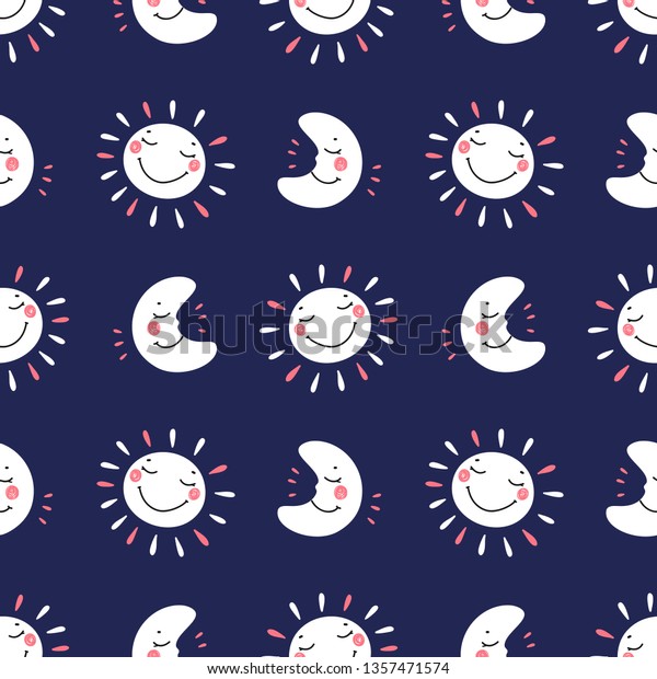 Vector Seamless Pattern with Cute Smiling\
Sleeping Moon and Sun Icons. Background for Kids Fashion, Nursery,\
Baby Shower Scandinavian Design.\
