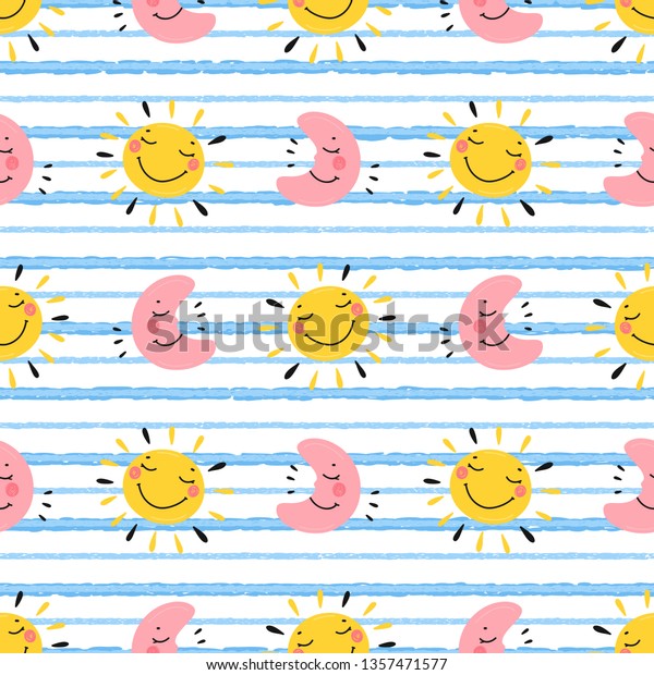 Vector Seamless Pattern with Cute\
Smiling Sleeping Moon and Sun Icons. Striped Background for Kids\
Fashion, Nursery, Baby Shower Scandinavian Design.\
