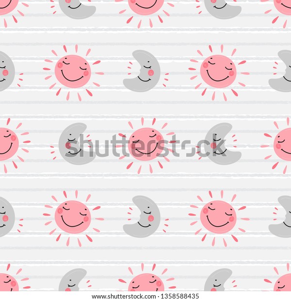 Vector Seamless Pattern with Cute\
Smiling Sleeping Moon and Sun Icons. Striped Background for Kids\
Fashion, Nursery, Baby Shower Scandinavian\
Design.