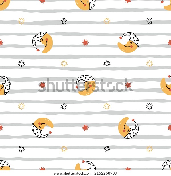 Vector Seamless Pattern\
with Cute Smiling Sleeping Moon in a Nightcap with Stars. Night Sky\
Striped Background for Kids Fashion, Nursery. Great for Baby\
Pajamas or Bedding