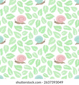 Vector seamless pattern with cute snails in pink and blue shells surrounded by green leaves