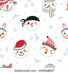 Vector Seamless Pattern with Cute Snowman Faces. Winter Holiday Background with Cartoon Funny Doodle Snowman Heads. Christmas and New Year Design 