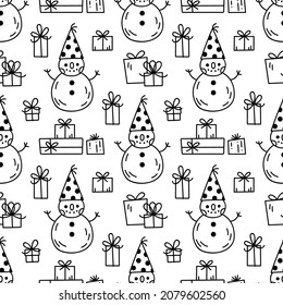 Vector seamless pattern with cute Snowman and gift boxes. Doodle winter background. Holiday Christmas pattern.