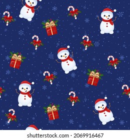 Vector seamless pattern with cute snowmen, gift boxes, licorice candy and snowflakes on dark blue background. Pattern for packaging paper.
