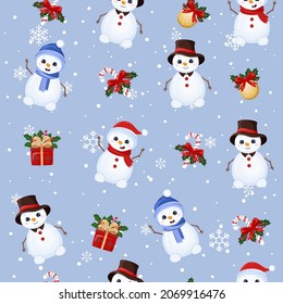 Vector seamless pattern with cute snowmen, gift boxes, licorice candy and snowflakes on blue background. Pattern for packaging paper.