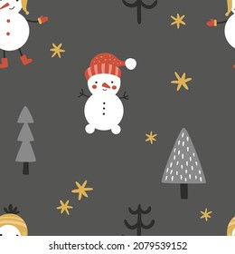 vector seamless pattern, cute snowmen and trees on dark background