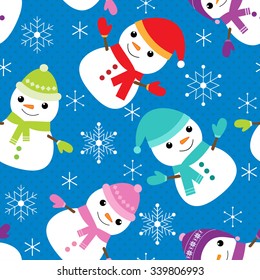 Vector seamless pattern with cute snowmen and snowflakes
