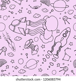 Vector seamless pattern. Cute pattern with space ship, rocket, moon, satellite, flying saucer, stars in space